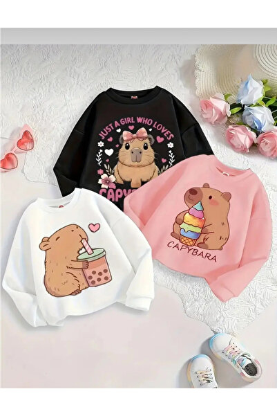 Topçu Kız Çocuk Capybara Baskılı 3’lü Sweatshirt Set Siyah Pembe Beyaz