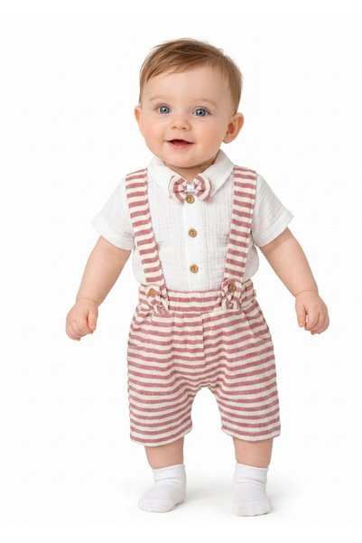 BYMURAT BABY Baby Set Salopet Men's Striped Bow Tie Shirted Overalls Red Gray
