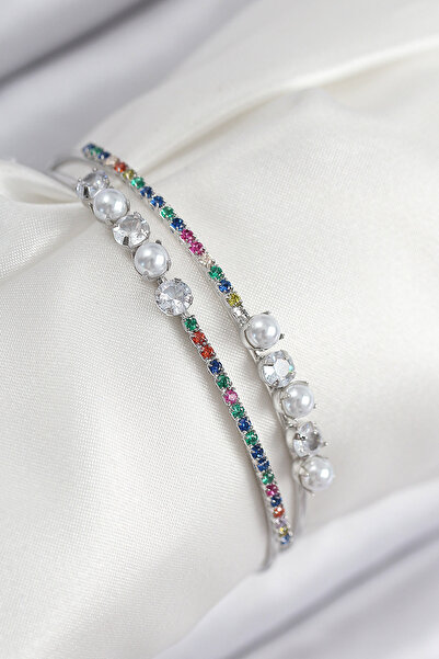 BŞK VİRGO Brass Zircon Stone Pearl Model Silver Color Women's Bracelet