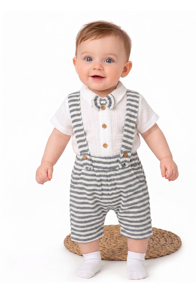 BYMURAT BABY Baby Set Salopet Men's Striped Bow Tie Shirted Overalls Red Gray