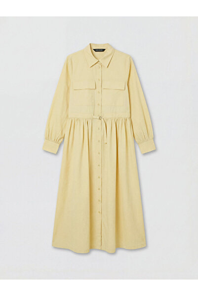 LC Waikiki Lcw Modest Yellow Belted Poplin Shirt Dress with Nevavm Difference...