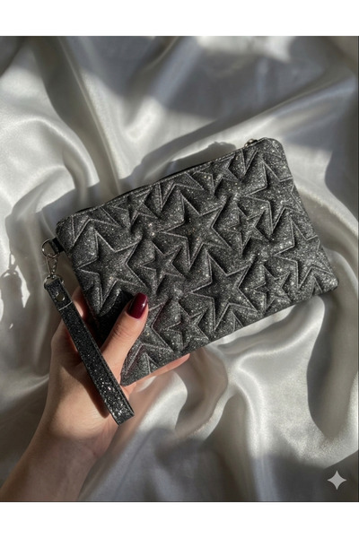 LİMONBAGG SİYAH SİM DOKULU YILDIZ DESENLİ KADIN CLUTCH PORTFÖY ÇANTA