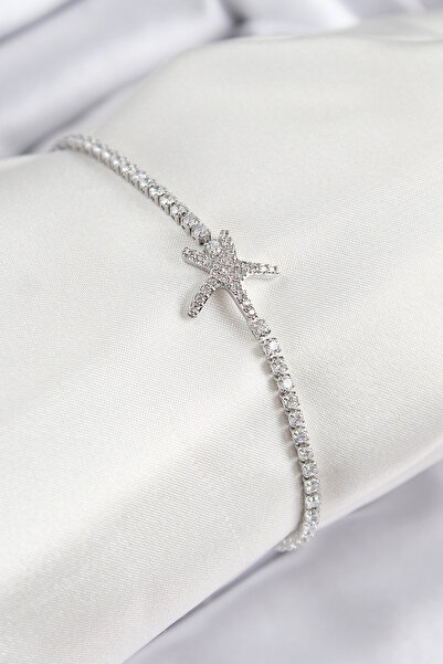 Hobibahçem Brass Zircon Stone Starfish Model Silver Color Women's Bracelet