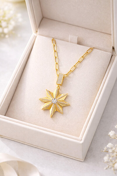 GeeS Global Zircon Stone Star Figured Gold Color Paperclip Chain Steel Neckla...