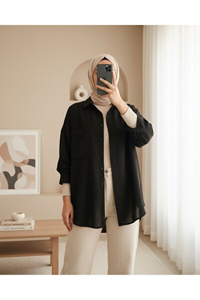 Modamorfo 20153 Single Pocket Oversize Linen Shirt - Black