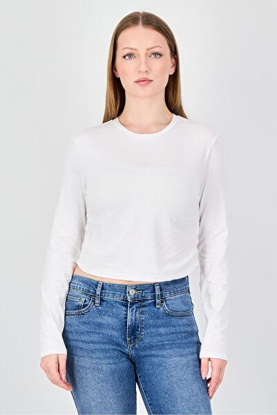 Don't Call Me Jennyfer Women Round Neck Long Sleeve Solid Crop Top, White