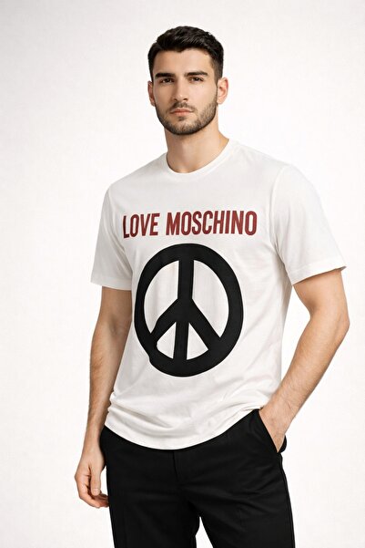 Love Moschino تي شيرت بشعار السلام كبير الحجم مصنوع من القطن بنسبة 100%