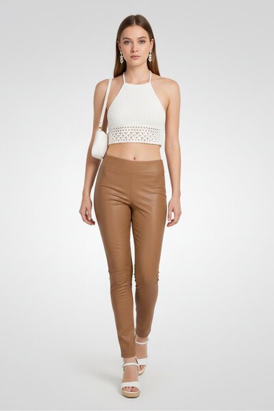 INC Women Petite Plain Pull On Faux-Leather Pants, Tan