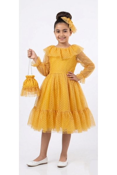Size Kids Ruffled Front Small Polka Dot Tulle Layered Bag Buckle Girls' Dress