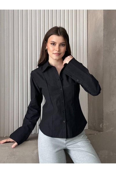 Hazinedan Women's Black Pencil Trend Slim Fit Poplin Collared Office Style Shirt