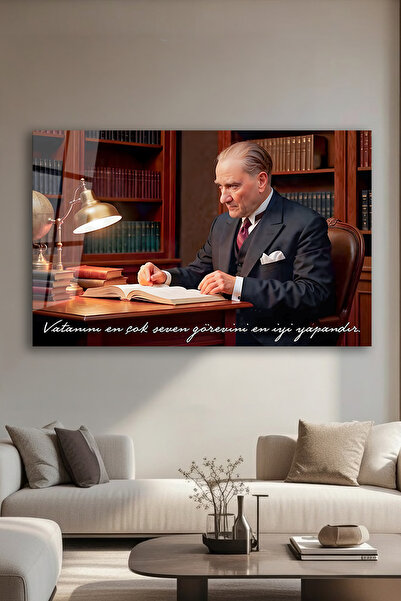 home dekors Atatürk Portresi Cam Tablo "Vatanını En Çok Seven..." Ev, Ofis, K...