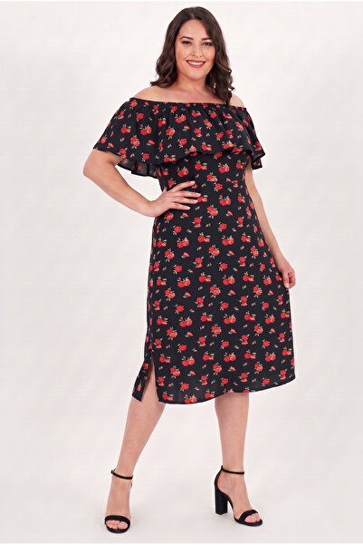Curvy Trend Rose Patterned Madonna Collar Slit Viscose Dress