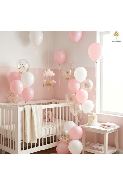 baloss fer Baby Shower Süsleri Balon Seti 20 Parça Pembe Beyaz Gold Konfetili...