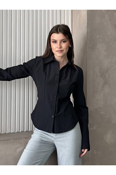 Hazinedan Γυναικείο πουκάμισο τύπου γραφείου με μαύρο γιακά από ποπλίνα, σε σ...