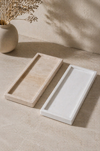 Marbello Traverten & Kuvars Mermer Tepsi Seti 30x12 cm Dekoratif Sunum
