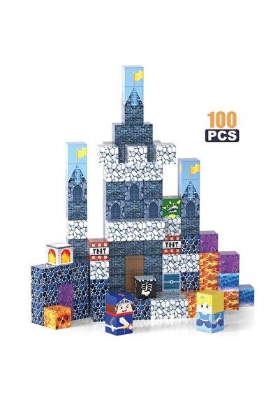 ToyznKidz 100 Parça Manyetik Küp Blok Mavi Kale Temalı Yapı Taşı (2.5 Cm)