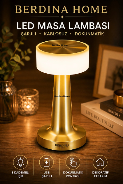 Berdina Home LED Masa Lambası Şarjlı Kablosuz Dokunmatik 3 Kademeli Işık Mode...