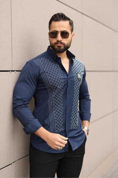 BAYIM Black Panthers Erkek Slim Fit Taş İşlemeli Likralı Uzun Kollu Gömlek