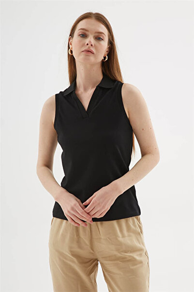 Fashion Friends Γυναικείο αμάνικο μπλουζάκι Polo V-Neck μαύρο 26Y0516K1