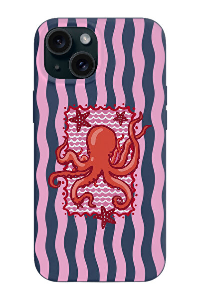 shoptocase iPhone 15 Uyumlu Pink Octopus Desenli TPU İçi Süet Lansman Telefon...