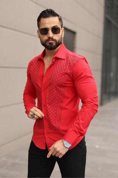 BAYIM Black Panthers Erkek Slim Fit Taş İşlemeli Likralı Uzun Kollu Gömlek