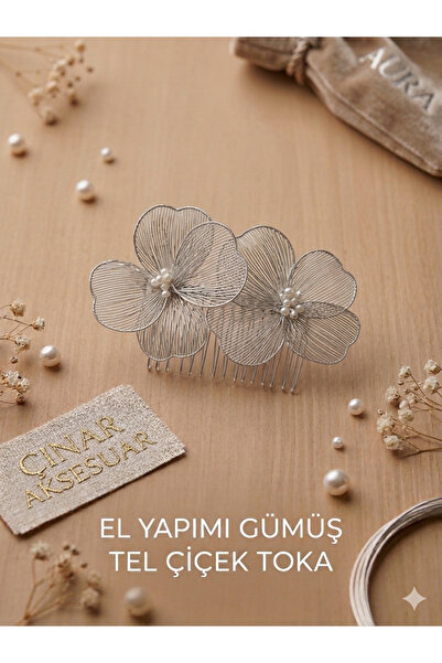 Çınar Aksesuar Χειροποίητη ασημένια χτένα μαλλιών νύφης με λουλούδια