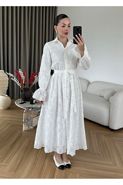 ALVOR White Scallop Embroidered Belted Shirt Dress Midi Length
