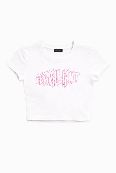 Fer Valiant Tricou crop pentru femei, cu imprimeu piramidal cu strasuri