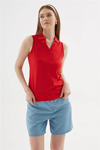 Fashion Friends Γυναικείο αμάνικο μπλουζάκι Polo V-λαιμόκοψη κόκκινο 26Y0516K1