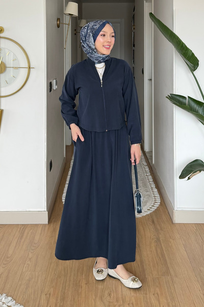 Tesettür Diyarı Μαρία Τάνσελ Υφασμάτινο Σετ Μπουφάν-Φούστα με Φερμουάρ- Μπλε ...