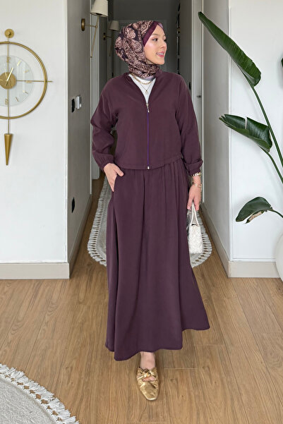 Tesettür Diyarı Μαίρη Τάνσελ Υφασμάτινο Σετ Μπουφάν-Φούστα με Φερμουάρ- Χρώμα...