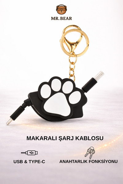 MR.BEAR Makaralı Şarj Kablosu ve Anahtarlık USB, Type-C, 1 Metre