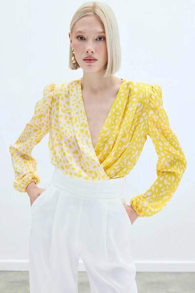 Sateen Κορμάκι με διπλό στήθος - Κίτρινο-Εκρού