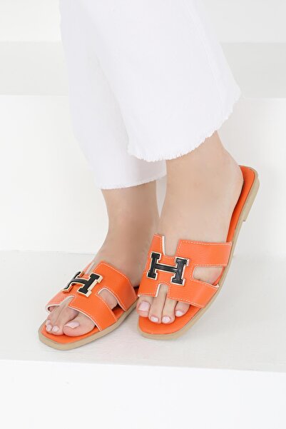 TOFİSA Γυναικείες πορτοκαλί παντόφλες με αγκράφα H - 27407