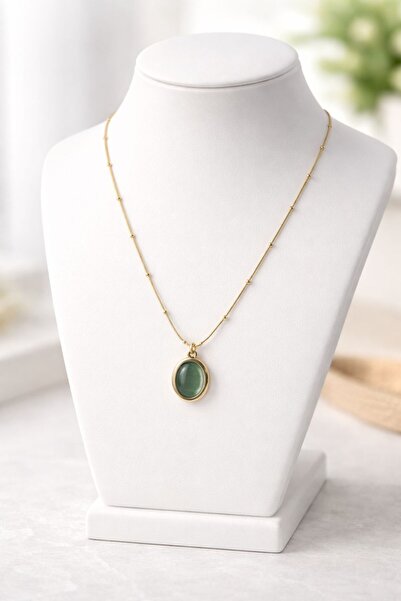Vipfoni Gold Color Natural Stone Oval Steel Necklace with Ball Chain