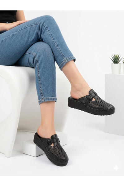 Tamdabu Ayakkabı Γυναικείες παντόφλες από γνήσιο δέρμα, μαύρες, ορθοπεδικές, ...