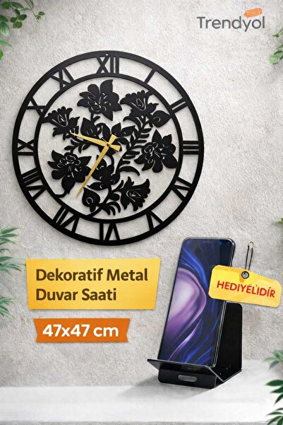 Dekoratif Sessiz Siyah Metal Duvar Saati 47x47cm Metal Telefon Tutacağı HEDİYELİ
