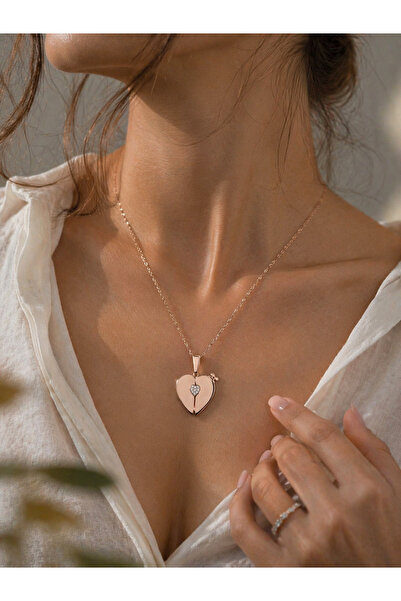 Frost Jewellry Açılıp kapanan taşlı kalp model pembe altın 925 ayar gümüş kolye