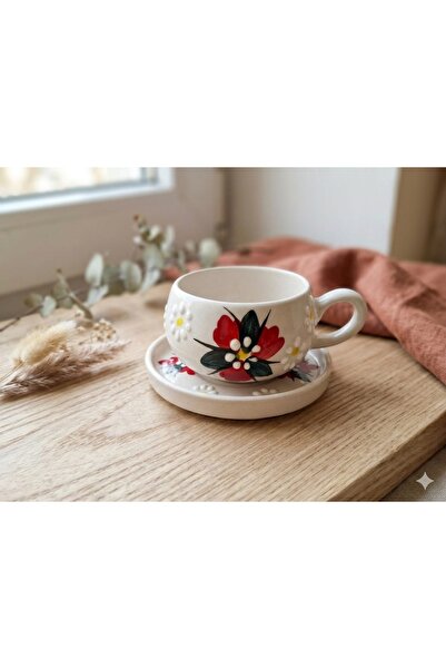 MUTLULUK KAPINDA Handmade Beren Red Floral 4 Piece Coffee Cup for 2 People