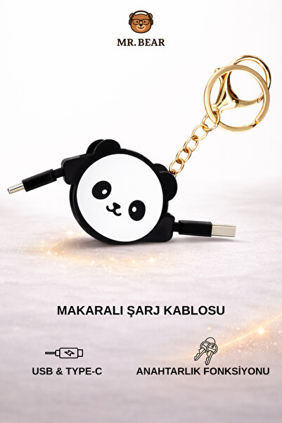 MR.BEAR Makaralı Şarj Kablosu Anahtarlık ve Panda Tasarımlı USB Type-C Uç 1 M...
