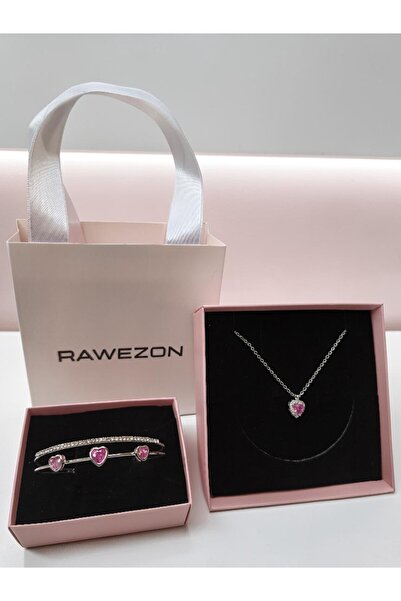 RAWEZON Pembe Kalp Kolye ve Ayarlanabilir Kalpli Taşlı Bileklik Çantalı Ve Ku...