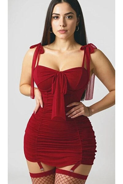SİA LESS Women's Drawstring Mini Nightgown with Garter Belt and Stockings, Stylish Nightgown