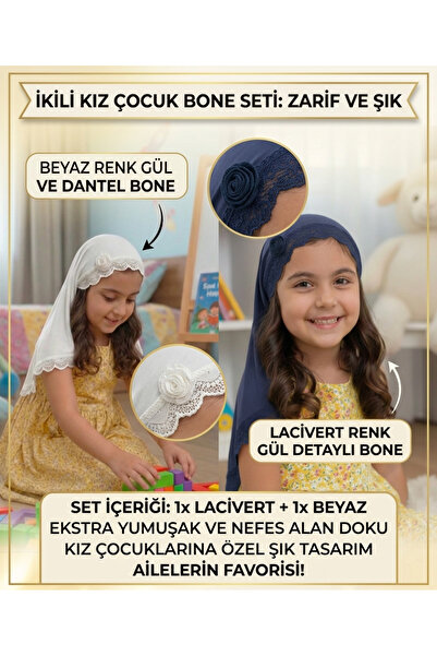 TR 2'li Kız Çocuk Bone Seti - Lacivert & Beyaz Güllü Dantelli Viskon Saç Bone...
