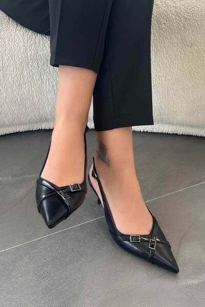 Parponi Evelyn Δερμάτινο στιλέτο με ανοιχτή πλάτη και αγκράφα, μαύρο