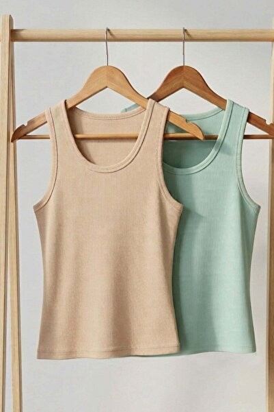 COTENCONCEPT 2 Pieces of Ribbed Fitted Viscose Blended Strappy T-Shirt