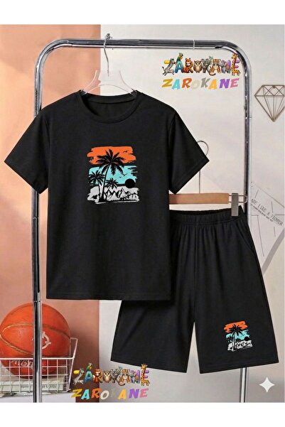 ZAROKANE Palm Tree and Coast Visual Printed Top and Shorts/T-Shirt Summer Chi...