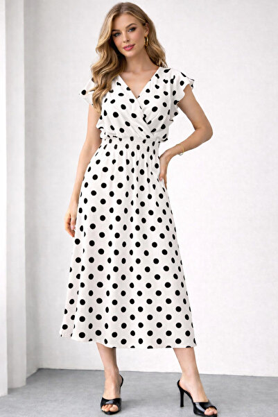 İLKCET MODA Μακρύ γυναικείο φόρεμα από ύφασμα Bürümcük σε λευκό πουά