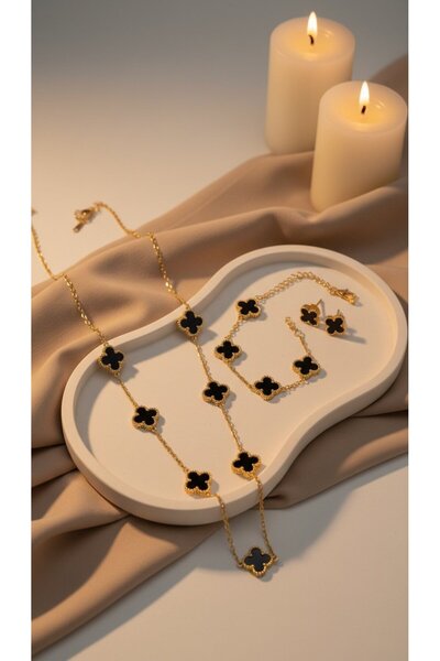 SR Jewelry Box Siyah Yonca Set (Kolye + Bileklik + Küpe) – Minimal Lüks & Zam...