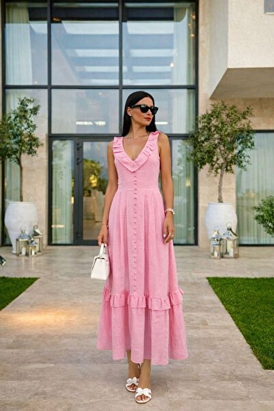 LOKADI Φόρεμα μάξι από μείγμα λινών με βολάν στο γιακά και λεπτομέρεια με κου...