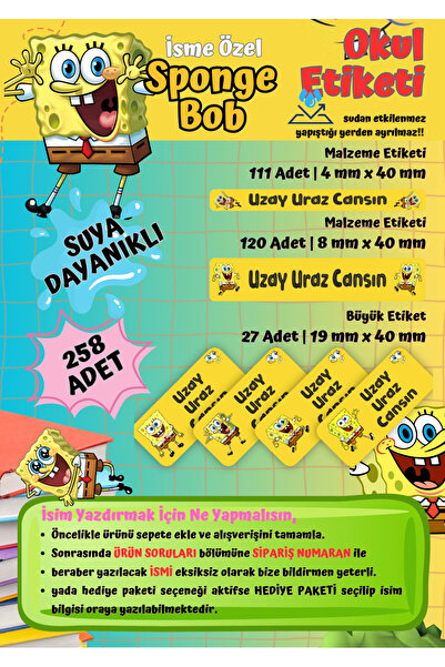 Ceres Studio Sponge Bob Temalı Kişiye Özel Suya Dayanıklı Okul Etiketi – 258 ...